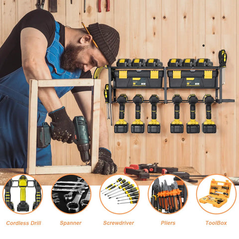 Man using cordless drill near power tool organizer with six drill holders wall mounted heavy duty metal tool rack garage storage shelf