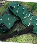 16-Piece Lawn Aerator Shoes Straps For Easy Soil Aeration, shown are spiked green spike sandals for lawn care and gardening.