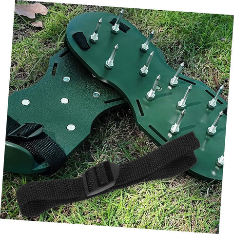 16-Piece Lawn Aerator Shoes Straps For Easy Soil Aeration, shown are spiked green spike sandals for lawn care and gardening.