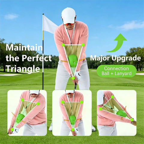 Golfer using Upgraded Golf Swing Trainer Ball For Posture Correction And Muscle Memory Portable Golf Training Aid centered on chest