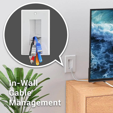 4 Pack Brush Wall Plate With Low Voltage Mounting Bracket For Hassle Free Cord Routing In Bright White Trim Great For Home Or Office A Tight No Wiggle Seal Clean Finish, showing in-wall cable management with wires.