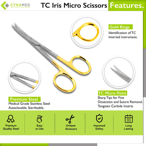 Pro Grade TC Iris Micro Dissecting Scissors With Tungsten Carbide Inserts And Gold Ring Handles 4.5 Inch Curved Blades
