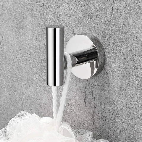 Chrome Bathroom Accessories Set 5 Piece With 18 Inch Bath Towel Bar Hand Towel Bar Toilet Paper Holder And Two Robe Hooks A Must Have Durable SUS304 Stainless Steel Construction For Long Lasting Easy Clean Bathroom Hardware showing chrome robe hook on wall