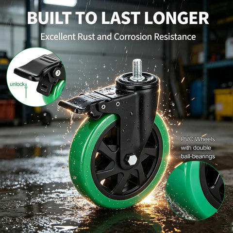 Heavy Duty Six Inch Stem Caster Wheels Delivering A Rock Solid Three Thousand Pound Capacity Dual Swivel Rollers For Furniture And Equipment Built Tight Standard Thread Fit Smooth As Silk Action Super Easy Mount Four Pack with green PVC wheel and locking mechanism.