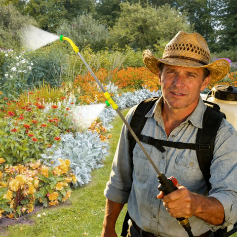 Gardener using Dual Head Spray Elbow Nozzles For Knapsack Sprayers Replacement Spray Boom in garden