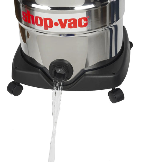 12 Gallon Stainless Steel Wet Dry Vacuum With 5.5 Peak HP Power draining water, showcasing durability in wet cleanup tasks.