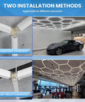 Hexagon LED Garage Light 72W 6500K Daylight White with 11 LED panels installed in garage and gym, showing honeycomb design.