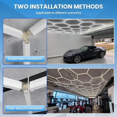 Hexagon LED Garage Light 72W 6500K Daylight White with 11 LED panels installed in garage and gym, showing honeycomb design.