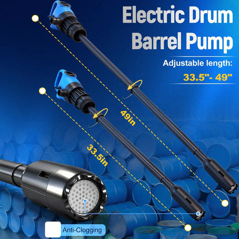 Heavy Duty Electric Drum Barrel Pump For 55 Gallon Drums with adjustable lengths of 33.5" and 49" for efficient fluid transfer.