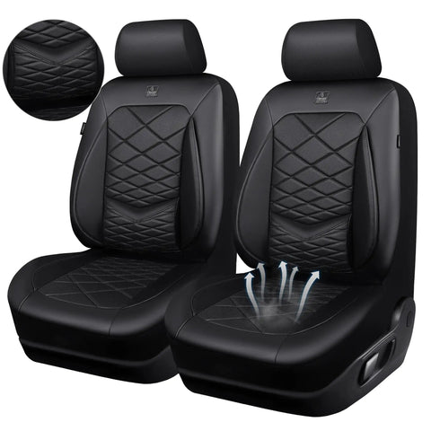 All Black Premium Nappa Leather Front Seat Covers with 3D Foam Waterproof and Breathable Lumbar Support Airbag Compatible