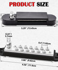 Bulletproof 12V 150A Bus Bar With Secure Snap Terminals And Genuine Copper Core dimensions showing size and layout for installation.