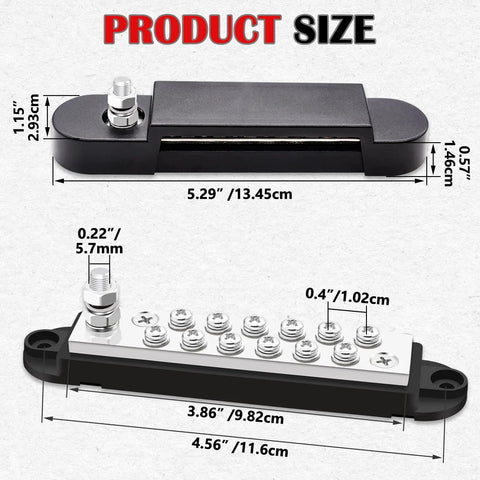 Bulletproof 12V 150A Bus Bar With Secure Snap Terminals And Genuine Copper Core dimensions showing size and layout for installation.