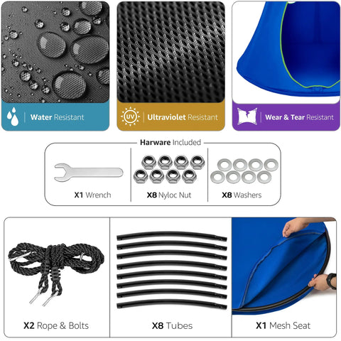 Components and features of Kids Nest Swing Hammock Chair With Adjustable Rope Indoor Outdoor 40 Inch Blue Pod Swing.