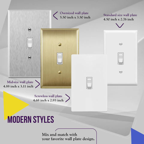 Toggle Light Switch 3 Way Or Single Pole 15A 120 277V UL Listed Residential Grade White 5 Pack with various modern wall plates
