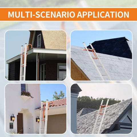 Two In One Ladder Stabilizer For Roof Access With Horizontal And Vertical Ridge Extensions shown in multiple roof scenarios