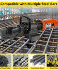 Heavy Duty Electric Hydraulic Rebar Bender Tool with 900W Pure Copper Motor, Bends Up To 5/8 Inch #16mm Steel Rods In Seconds, handheld tool showing compatibility with multiple steel bars on construction site.
