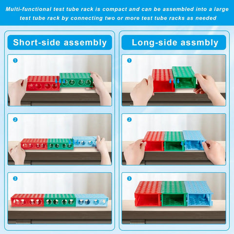 Must-Have Four Way Plastic Test Tube Rack Kit For Lab Experiments, interlocking assembly, colorful racks, short and long-side options
