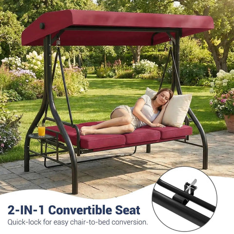 Three Seat Outdoor Porch Swing With Adjustable Canopy And Convertible Bed Stand Thick Cushions And Deep Cup Holders Weather Resistant Steel Frame For Backyard Vibes Garden Or Porch Red