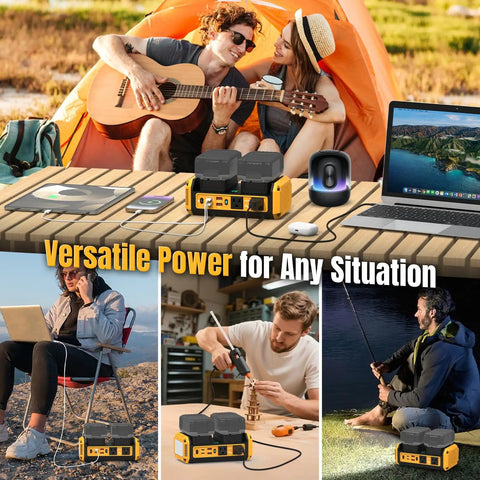 Dual Battery Pure Sine Wave Power Inverter For 20V Dewalt Batteries Auto Switch DC 20V To 120V 140W USB C PD 600 Lumen LED Light Battery Not Included One Or Two Batteries Supported On The Go Off Grid Power Station showing use in outdoor camping, woodworking, and fishing scenarios