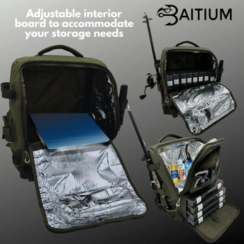 Go To Fishing Backpack Tackle Bag With Rod Holders And Built In Cooler 40L Capacity Insulated Pocket Rain Cover Four Tackle Trays