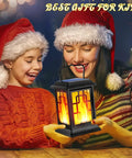 Mother and child holding Waterproof Solar Lanterns For Garden And Patio, hanging outdoor lights with flickering flame effect.