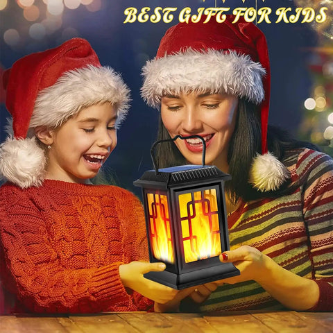 Mother and child holding Waterproof Solar Lanterns For Garden And Patio, hanging outdoor lights with flickering flame effect.