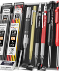 Workhorse Carpenter Pencil Set With Case, 11 Pack, Includes 2.8mm Solid Pencils With 24 Refills, 2.0mm Mechanical Pencils, tools displayed.