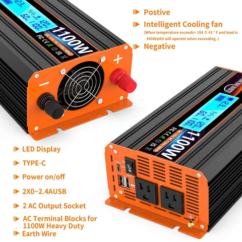 1100 Watt Pure Sine Wave Inverter For RV And Off Grid Power Converts 12V DC To 110 And 120 VAC With 2 AC Outlets Dual USB Ports