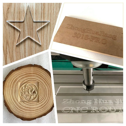 Carved star, wood disc, and engraved plates demonstrating Red CNC Router Kit With Easy Assembly Aluminum Profile Frame GRBL Control Let You Carve Plastic Acrylic PCB PVC Wood Plexiglass Brass And Other Soft Metals Travel 160x100x40mm For DIY Projects And Prototyping.