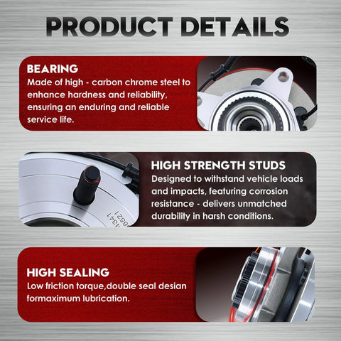 4WD Front Wheel Bearing Hub Assembly With ABS, 6-Lug Fit For Expedition And Navigator 2011-2014, Direct Replacement Hub 515142 For Front Wheel, Maintenance Grade OEM Style showing product details on bearing, high strength studs, high sealing in a sectional view image.
