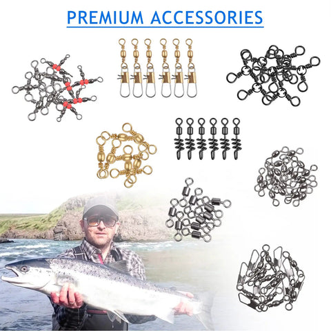 190 Piece Fishing Swivels Kit With 14 Types Including Ball Bearing Swivels, Rolling Barrel Snap, Three Way Crossline, Duo Lock Snap, Coastlock Snap, Crane Barrel, Corkscrew Swivels For Bass, Trout, Saltwater And Freshwater Tackle, assorted sizes and materials