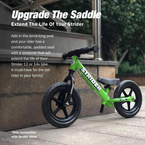 Green balance bike with Performance Seat With XL Post For 12 And 14X Balance Bikes Extends Seat Height From 15 To 19 Inches Quick No Tool Assembly on stone steps