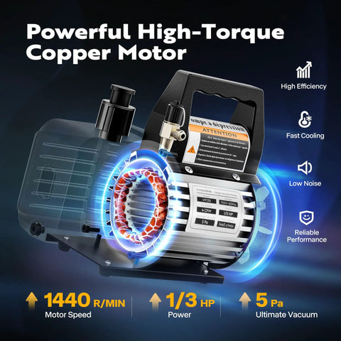 110V 1 3rd HP 4CFM Single Stage Rotary Vane Vacuum Pump with powerful copper motor and performance stats visible