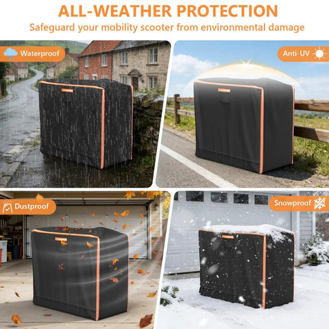 Custom Fit Waterproof Cover For SuperHandy Tugger Mobility Scooter GUO133-FBA shown in rain, dust, and snow protection.