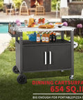 Grill Cart With Big Storage Cabinet And Stainless Steel Surface Movable Outdoor Dining Station For Pizza Ovens And Grills Kitchen Island Cart Multifunction Food Prep Table For Backyard Cookin under a canopy, loaded with beverages and food, against a poolside background.