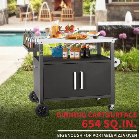 Grill Cart With Big Storage Cabinet And Stainless Steel Surface Movable Outdoor Dining Station For Pizza Ovens And Grills Kitchen Island Cart Multifunction Food Prep Table For Backyard Cookin under a canopy, loaded with beverages and food, against a poolside background.