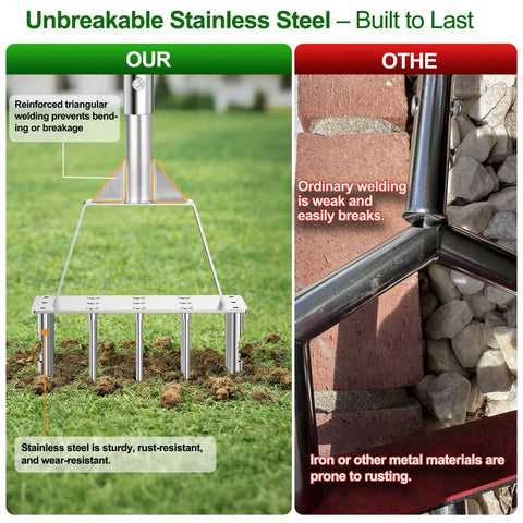 Comparison of Two In One Lawn Aerator And Core Aerator Tool with stainless steel spikes and cores showing reinforced welding.