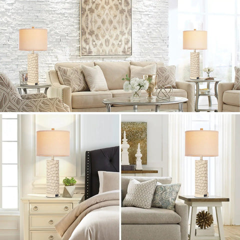 Set of 2 Farmhouse Table Lamps with 3-Way Dimmable Touch Control, Rustic Resin Nightstand Lamps with USB Ports, shown in living room.