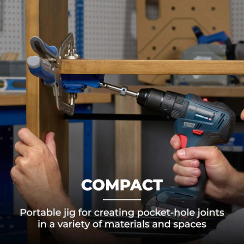Person using Pocket Hole Jig 320 with Classic Two Inch Face Clamp for Tight Spaces on wooden frame in workshop.