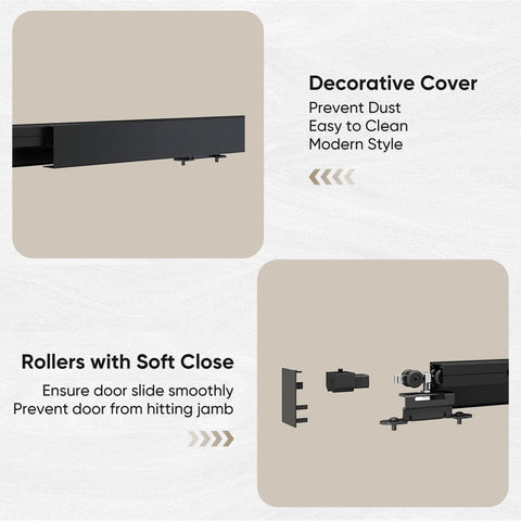 Close-up view of Aluminum Box Rail and soft-close rollers for Six Foot Sliding Barn Door Hardware Track Kit Aluminum Box Rail Wall Mount Interior Wooden Doors Supports Up To 130 Lbs Suitable Door Thickness One And Three Eighths Inch To One And Three Quarters Inch Easy Installation With Comprehensive Manual