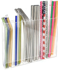 Adhesive Cabinet Door Mount Acrylic Straw Holder With Six Jumbo Compartments storing various colorful straws for easy access.