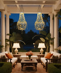 Outdoor Solar Crystal Pendant Lantern Chandelier, Waterproof Hanging Light With Warm White LED on patio at night