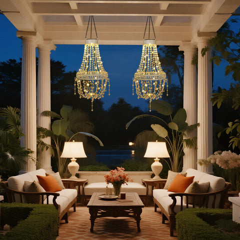 Outdoor Solar Crystal Pendant Lantern Chandelier, Waterproof Hanging Light With Warm White LED on patio at night