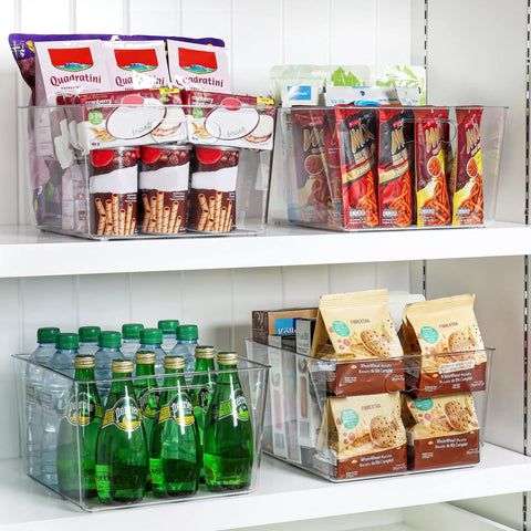 Extra Large Clear Plastic Storage Bins 4 Pack 11x11 containing snacks and bottled drinks in a pantry setting