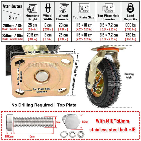 Tough As Nails Smooth Rolling Heavy Duty Pneumatic Rubber Casters 4 Pack 8 To 10 Inch Swivel Wheels with dimensions and mounting details.