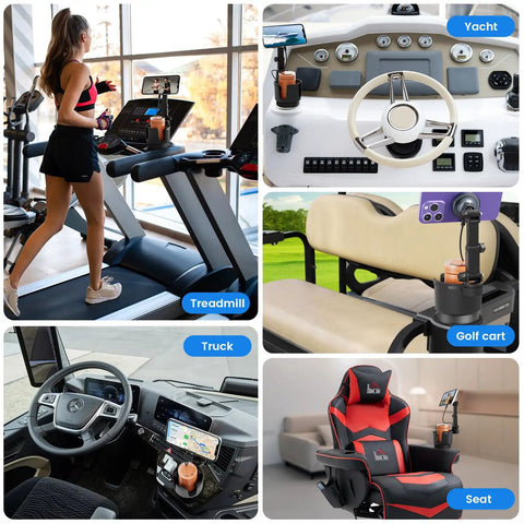 Multiple uses of MagSafe Car Charger Cup Holder Mount for iPhone series in treadmill, yacht, golf cart, truck, and gaming seat.