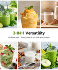 Top Rated 3-In-1 Cold Press Juicer For Juice, Nut Milk And Sorbet with green smoothies, sorbet, nut milk, and ingredients.