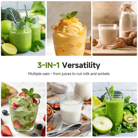 Top Rated 3-In-1 Cold Press Juicer For Juice, Nut Milk And Sorbet with green smoothies, sorbet, nut milk, and ingredients.