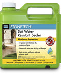 Top Shelf Dang Tough Salt Water Resistant Sealer For Exterior Stone And Brick Masonry Deicing Salt Shield Waterproof Grout Guard Water Based Surface Protectant One Full Gallon in a green container.