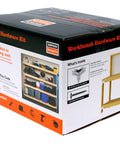 Beefed Up Heavy Duty Workbench And Shelving Hardware Kit Two Pack With RTC2Z connectors, box packaging with shelf and bench images